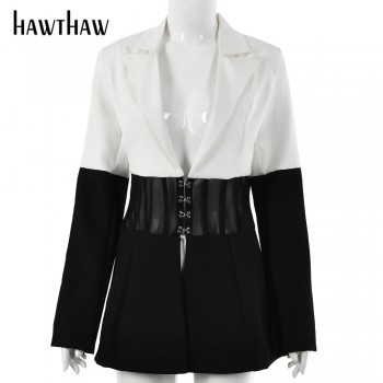 Hawthaw Women Autumn Winter Long Sleeve V Neck Color Block Streetwear Ladies Blazer Tailored Business Coat 2020 Fall Clothes